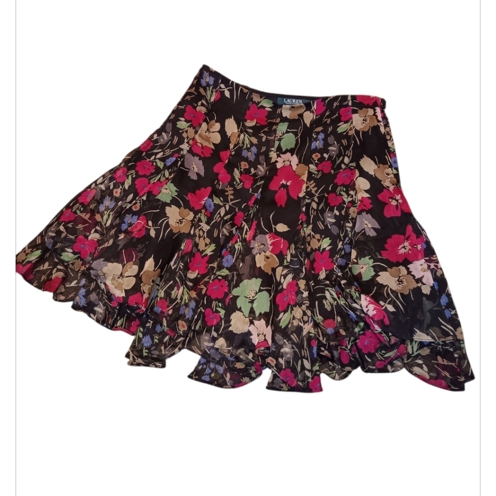 Ralph Lauren Black Floral Ruffle Lined Knee Length Skirt A Line Women’s Sz6